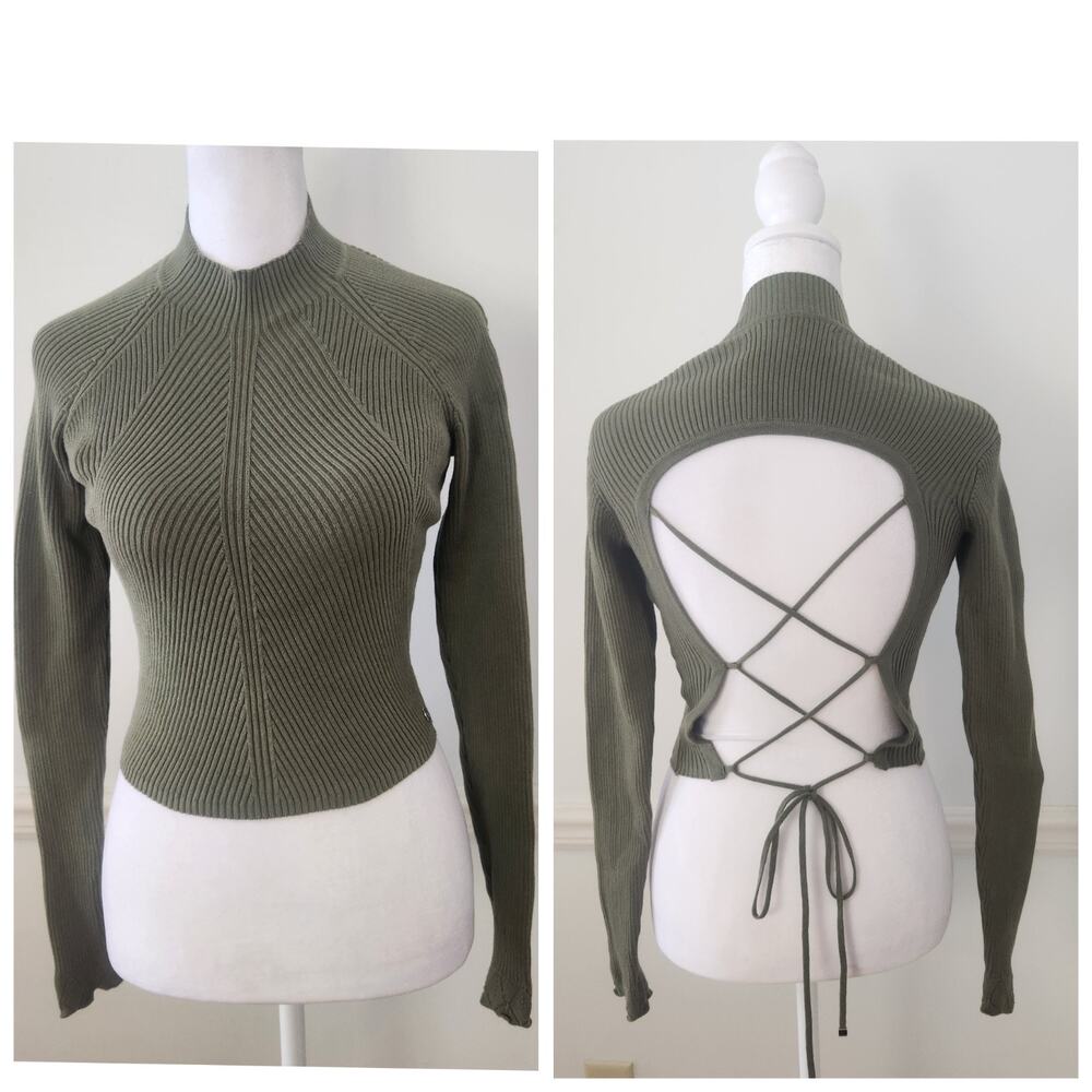 Vtg Y2K Guess Knit Top Sz XS Womens Ribbed Green Tie Up Crop Shirt Fairy Grunge